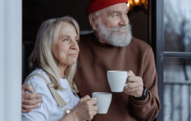 Retired couple drinking coffee