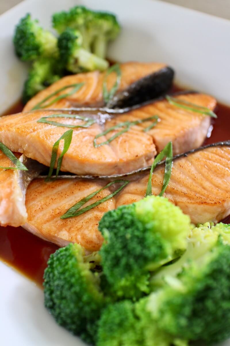 Poached salmon and broccoli