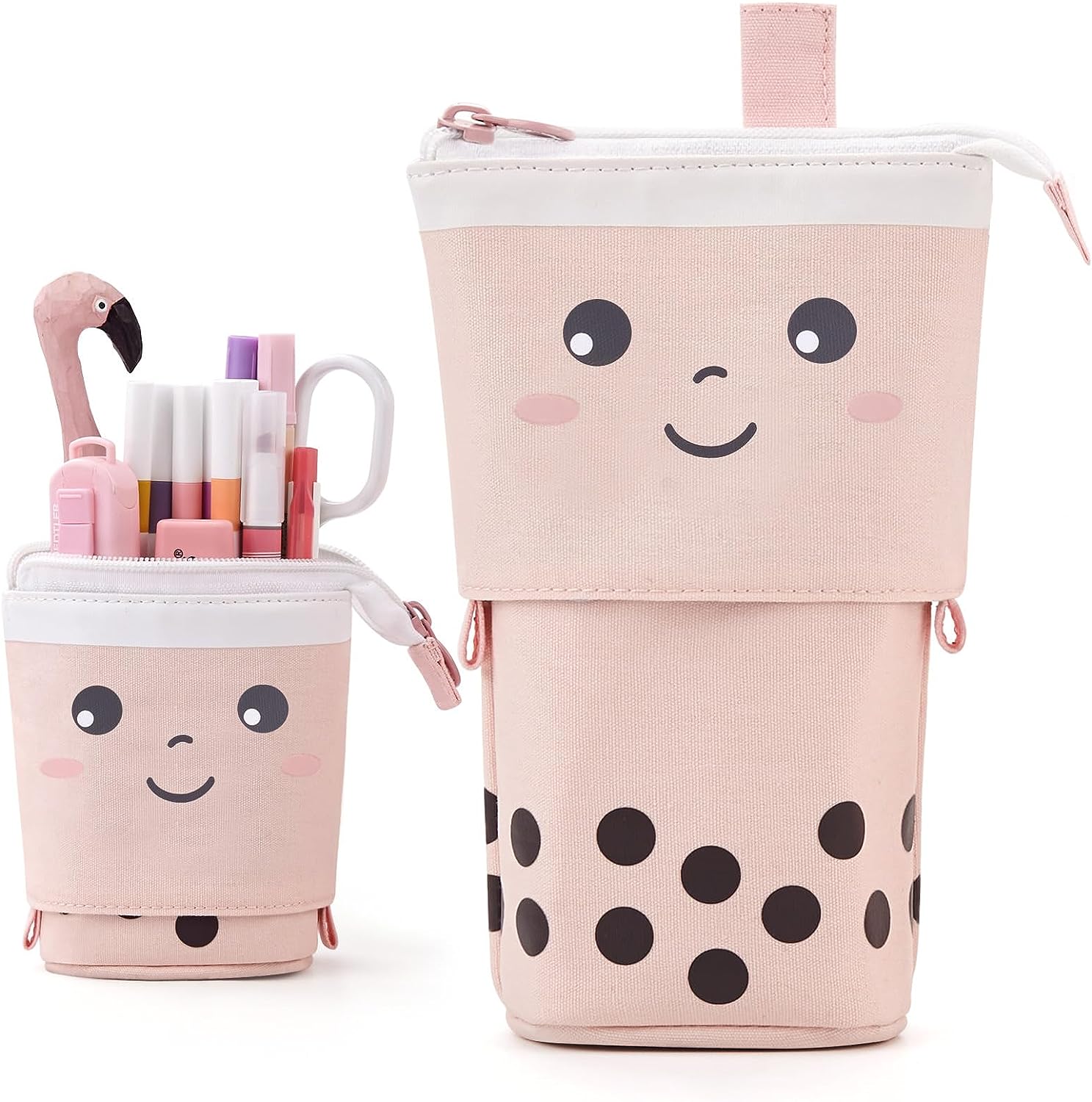 ANGOOBABY Standing Pencil Case Cute Telescopic Pen Holder Kawaii Stationery Pouch Makeup Cosmetics Bag for School Students Office Women Teens Girls Boys (Pink)