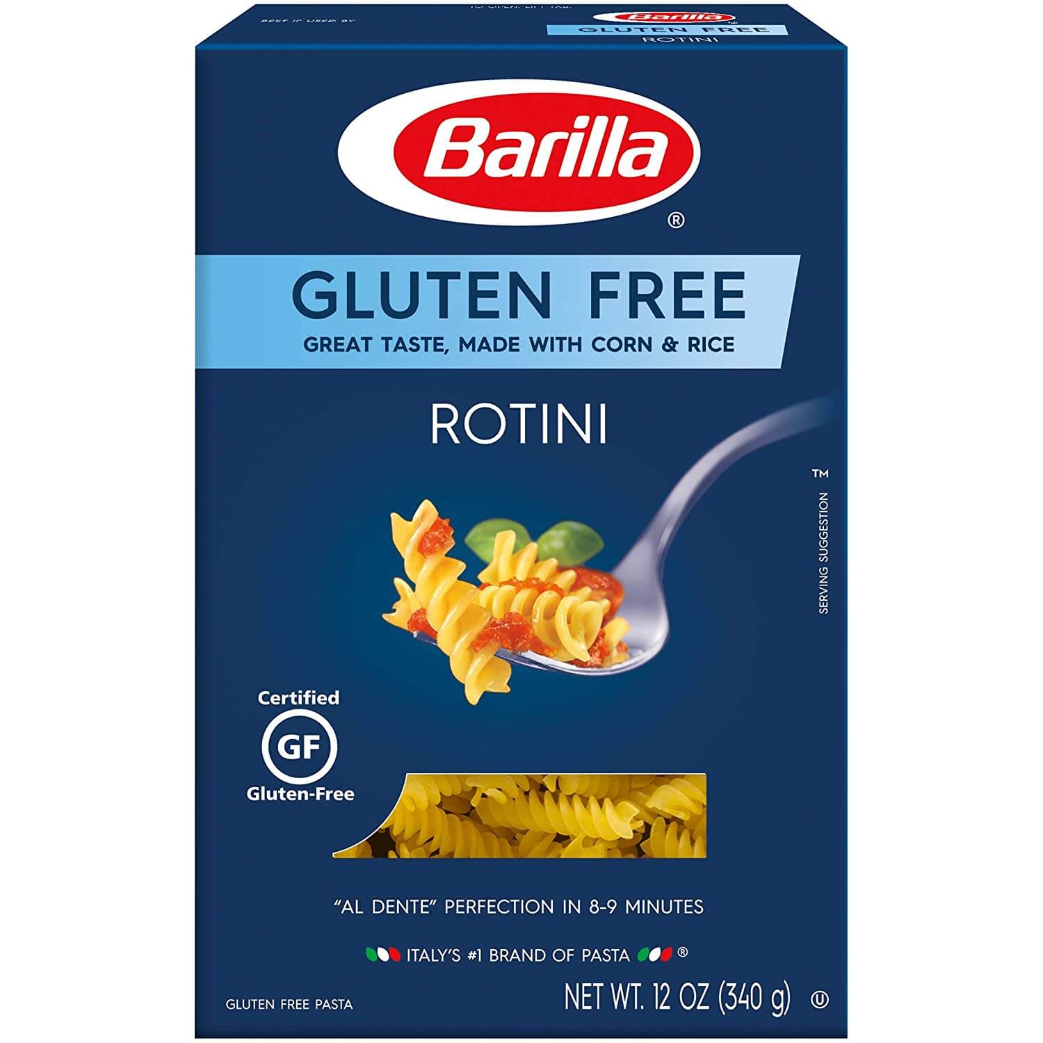 blue box with image of rotini pasta