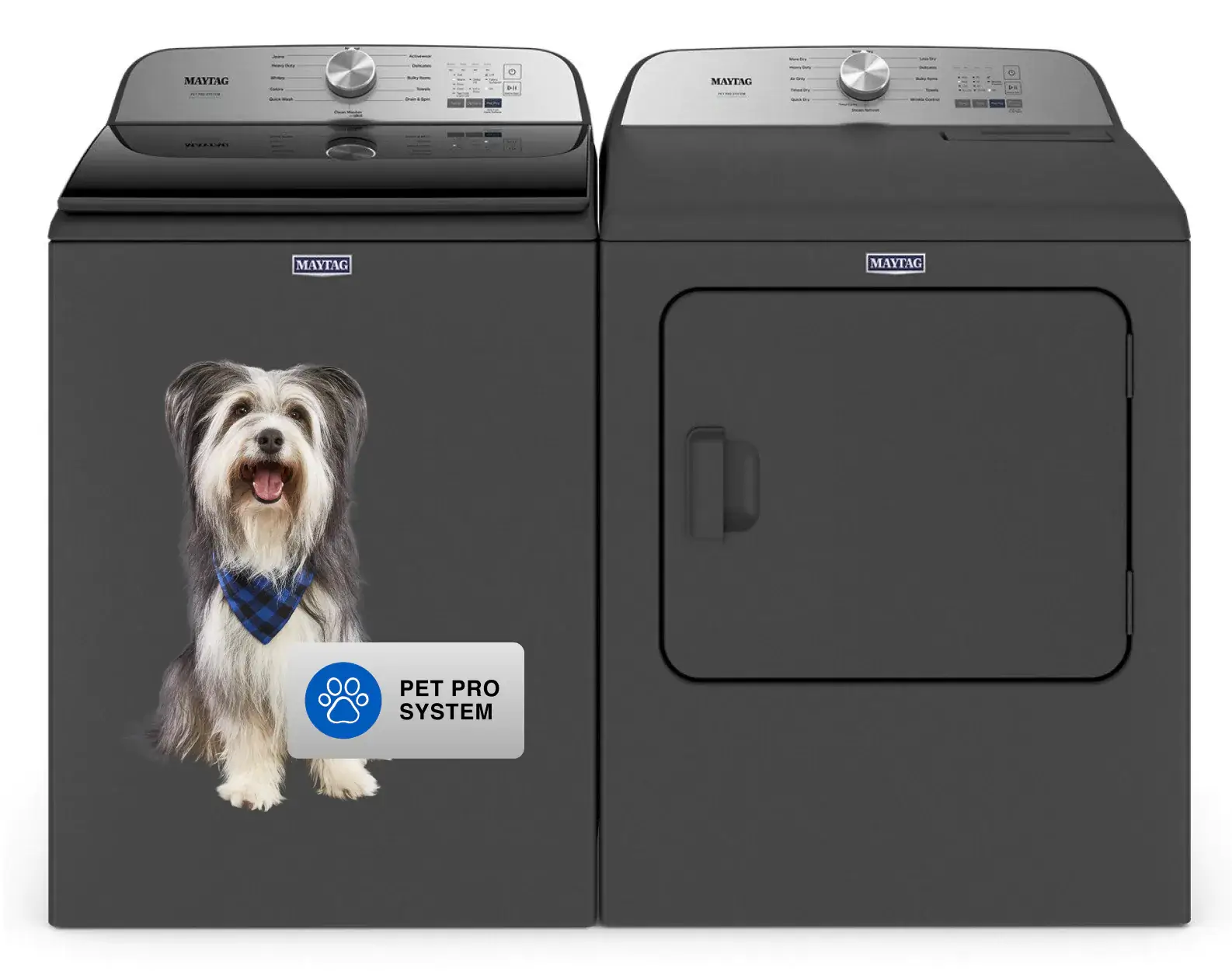 black washer and dryer set with image of dog